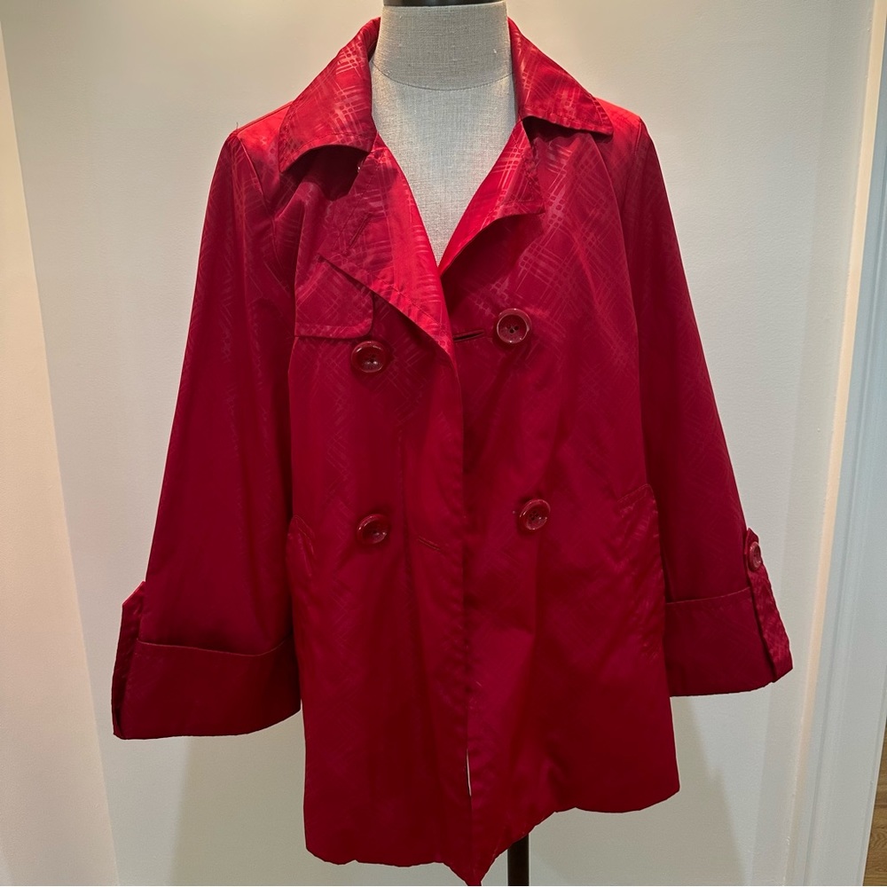 Anne Klein Raspberry Red Plaid Pea Coat — Size M
